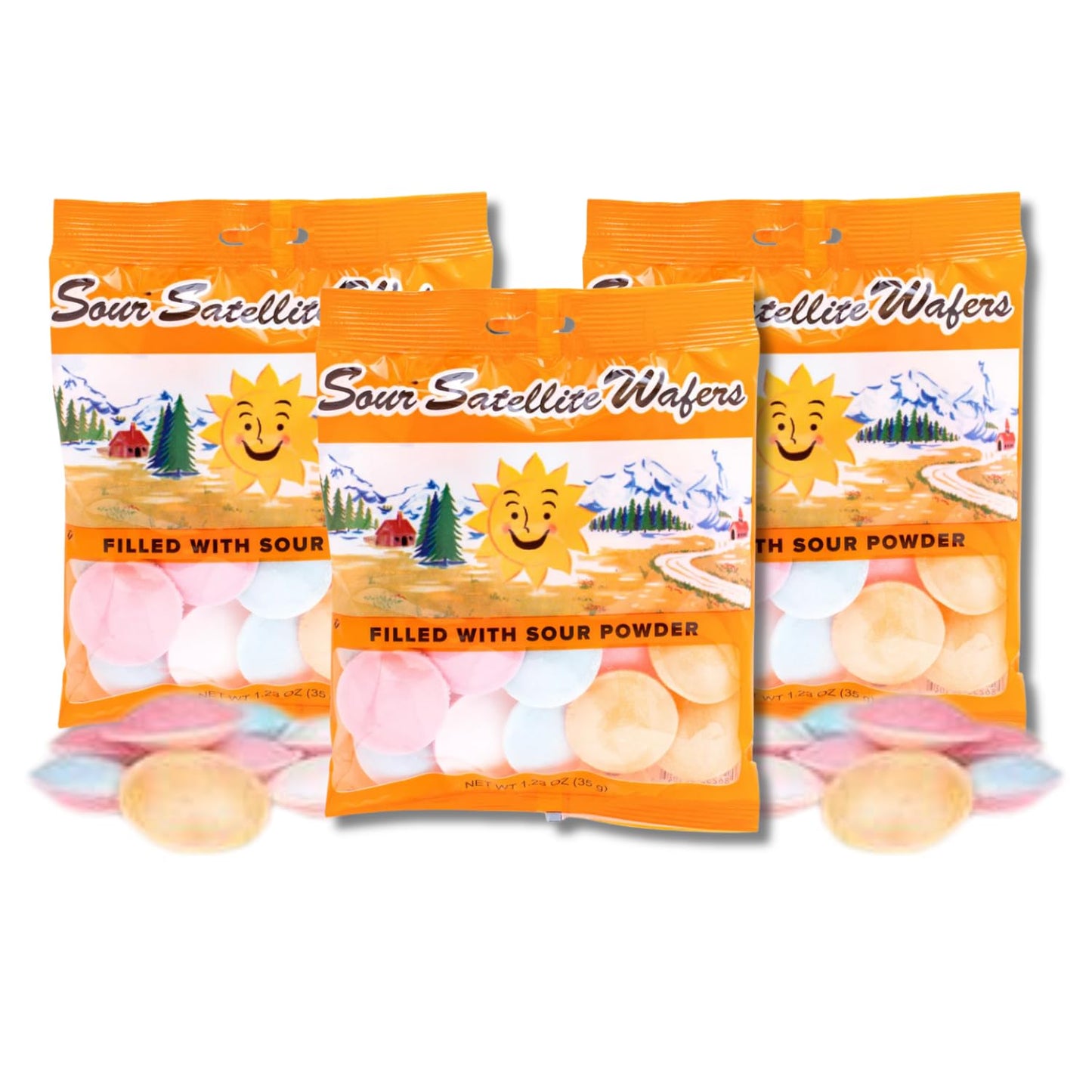 LYZAS SWEETS & TREATS Sour Satellite Wafers - Edible Saucers Filled with Sour Candy Powder - Gift Pack of 3, 1.23 oz. Bags
