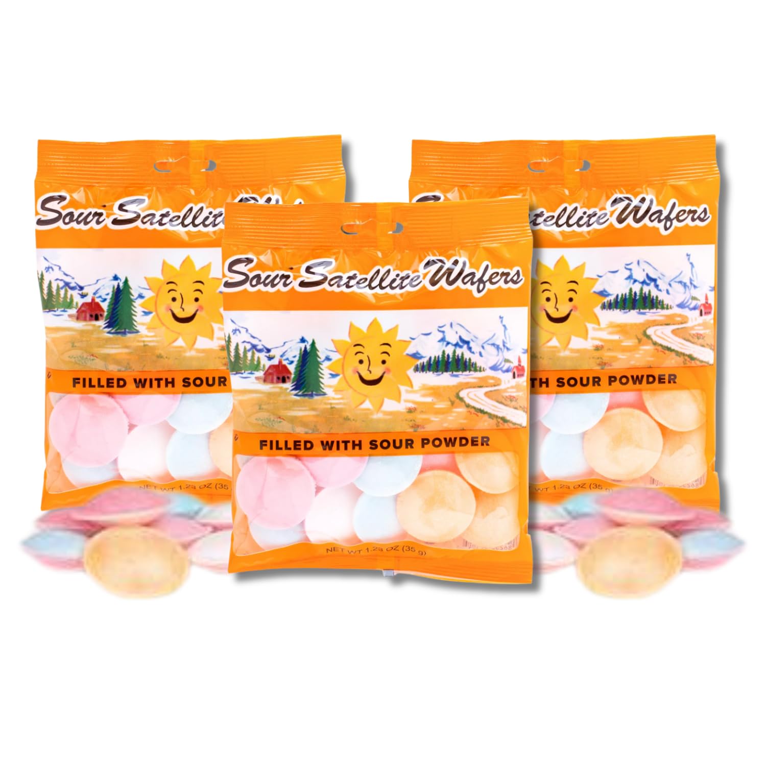 LYZAS SWEETS & TREATS Sour Satellite Wafers - Edible Saucers Filled with Sour Candy Powder - Gift Pack of 3, 1.23 oz. Bags