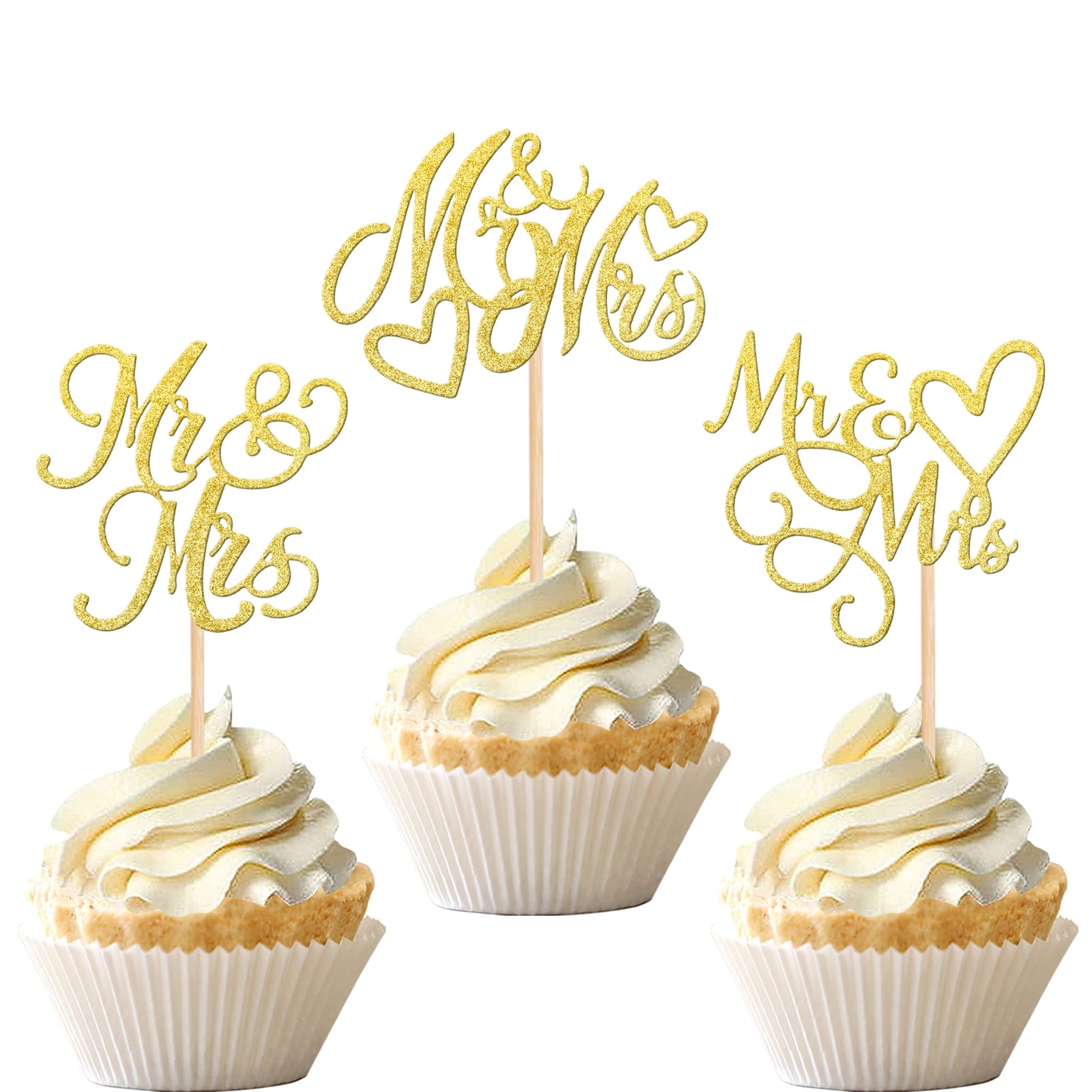 24 PCS Mr & Mrs Cupcake Toppers Glitter Love Heart Cupcake Picks Wedding Engagement Cake Decorations for Bridal Shower Theme Bir