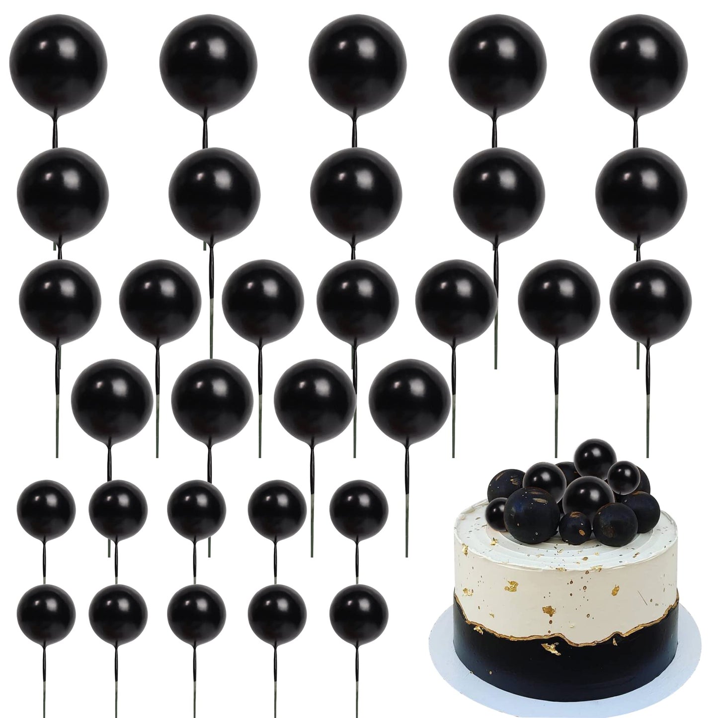 Rsstarxi Foam Ball Cake Toppers, 30 PCS Black Mini Balloon Picks for Baby Shower, Wedding, Birthday, Graduation Party Decorations