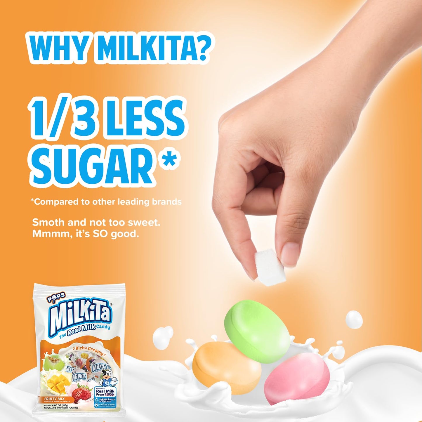 Milkita The Real Milk Lollipop Bag, Gluten Free Chewy Candies With Calcium & Real Milk, Zero Trans Fat, Low-Sugar, Fruity Flavors (Strawberry, Honeydew, Mango), 10 Pcs