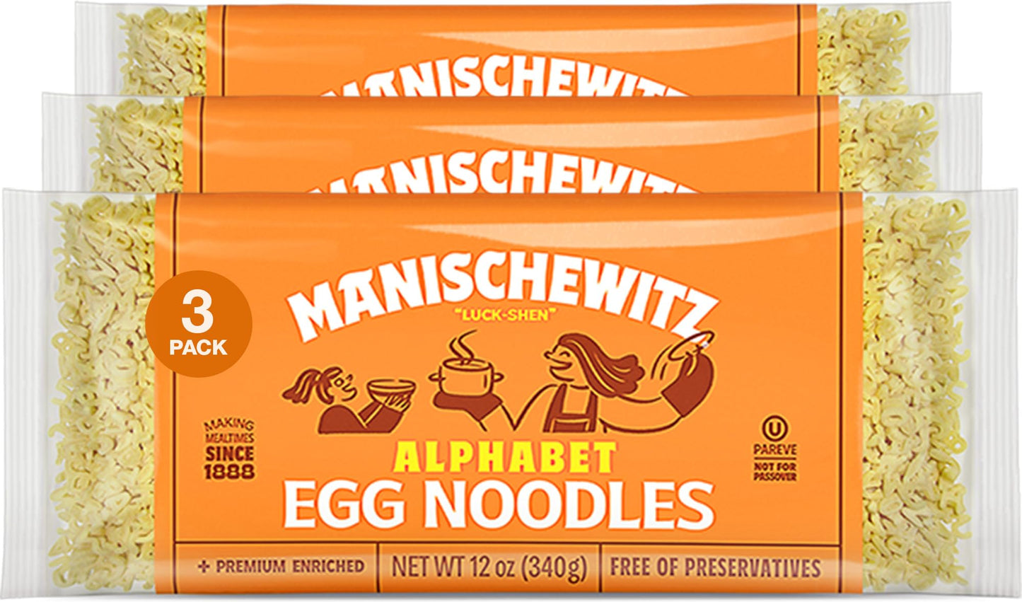 Manischewitz Alphabet Abc Pasta Egg Noodles 12Oz (3 Pack), Home-Style Taste & Texture, Premium Enriched, Low Sodium, No Preservatives