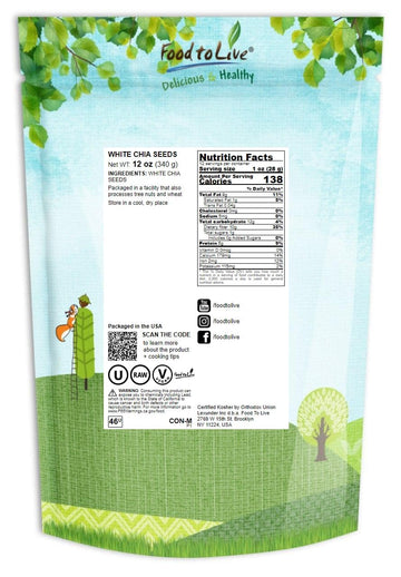 White Chia Seeds, 12 Ounces – Whole, Raw, Kosher, Keto, Sirtfood, Vegan, Bulk. Rich In Omega 3, Omega 6, Fiber, Protein. Great For Chia Pudding, Yogurt, Cereals, Smoothies.