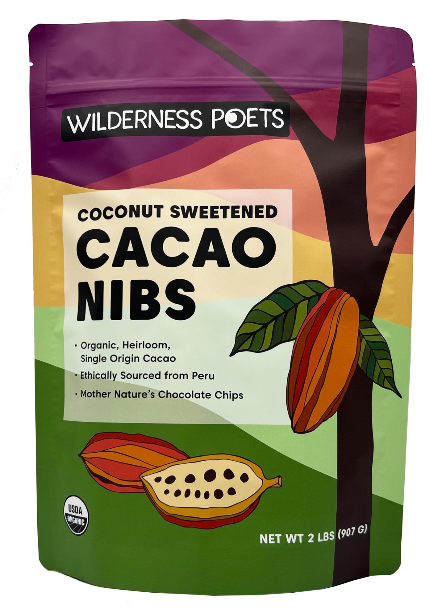 Wilderness Poets Cacao Nibs (Sweetened with Coconut Nectar) - Raw Organic Cacao Nibs - 100% Peruvian Heirloom Cacao (Criollo Var