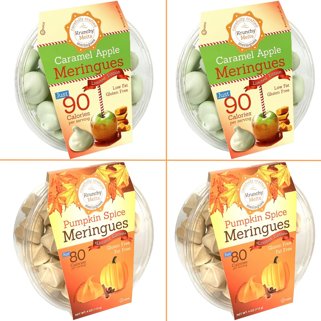 4 Pack Krunchy Melts Original Meringue Cookies | Harvest Season 4-Pack | 2 Caramel Apple, 2 Pumpkin Spice | Only 80-90 Calories 