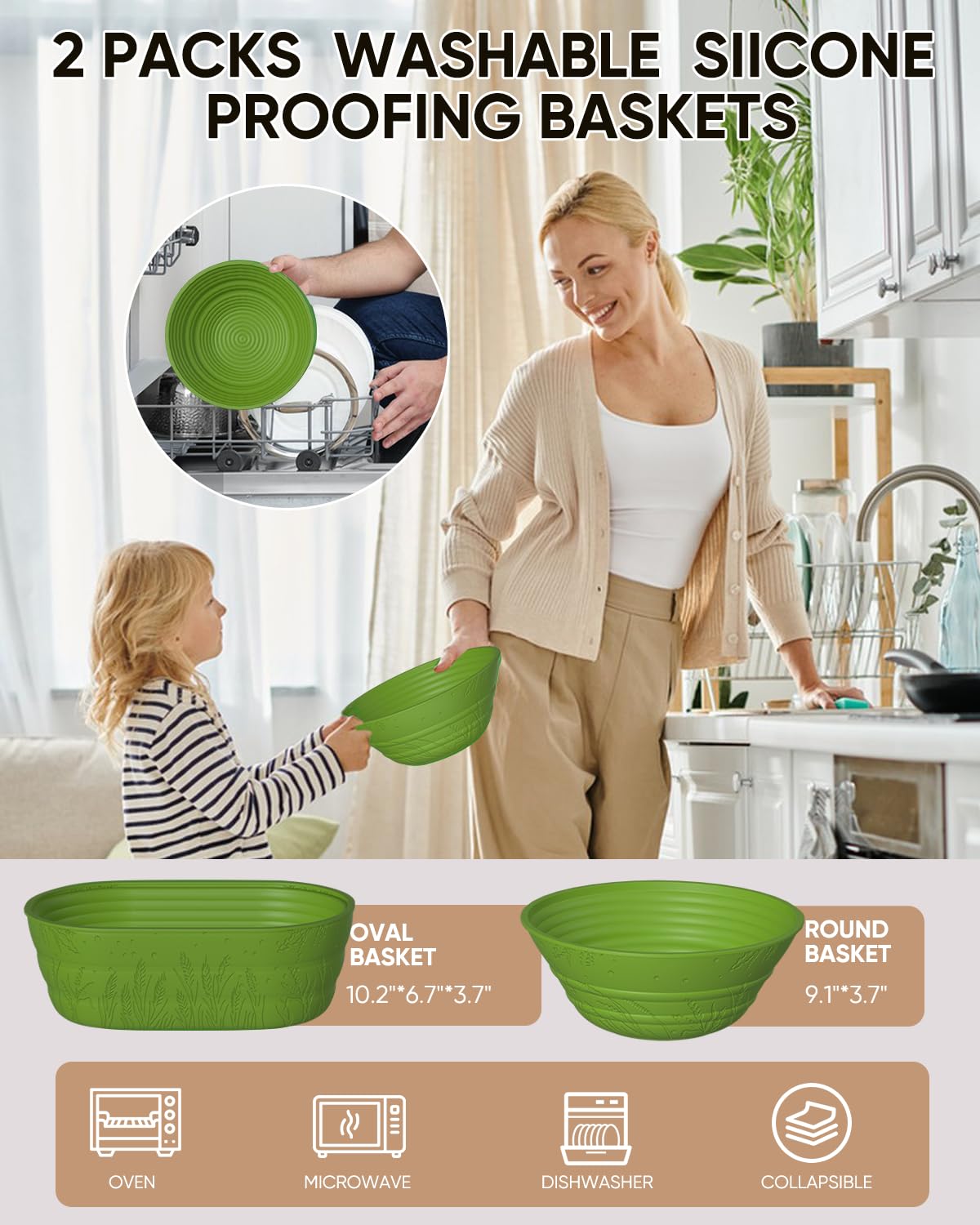 BICRET Sourdough Bread Baking Kit - 34 OZ Starter with 2 Proofing Baskets - Green