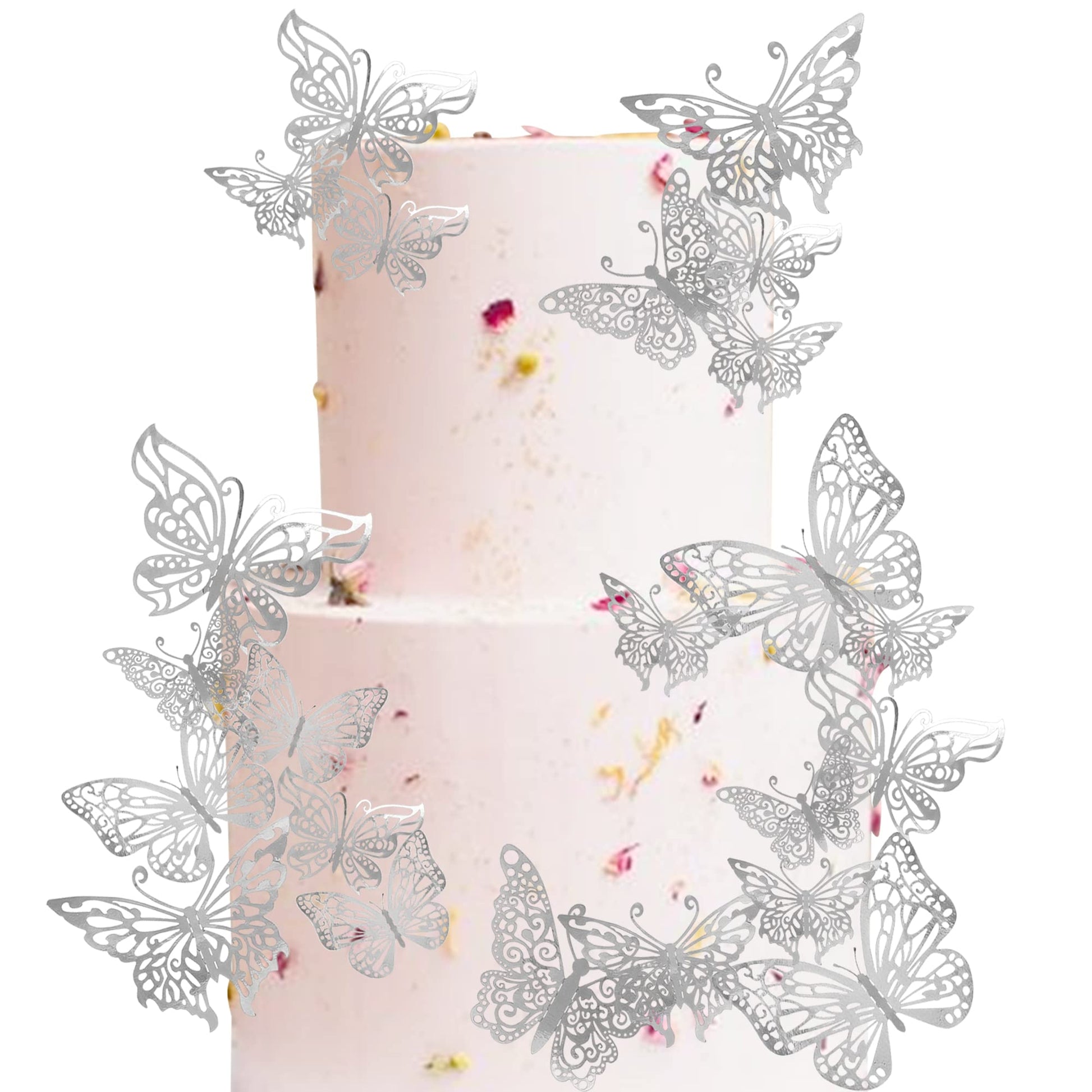 YCTHUNFISH 40 Pack 3D Butterfly Cake Toppers, Silver, Paper, Mixed Styles, 4.4-2.7 inches, Ideal for Baby Shower, Birthday,