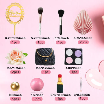 Makeup Cake Topper Cosmetics Artificial Rose Palm Leaves Happy Birthday Cake Toppers Spa Makeup Birthday Party Supplies For Girl