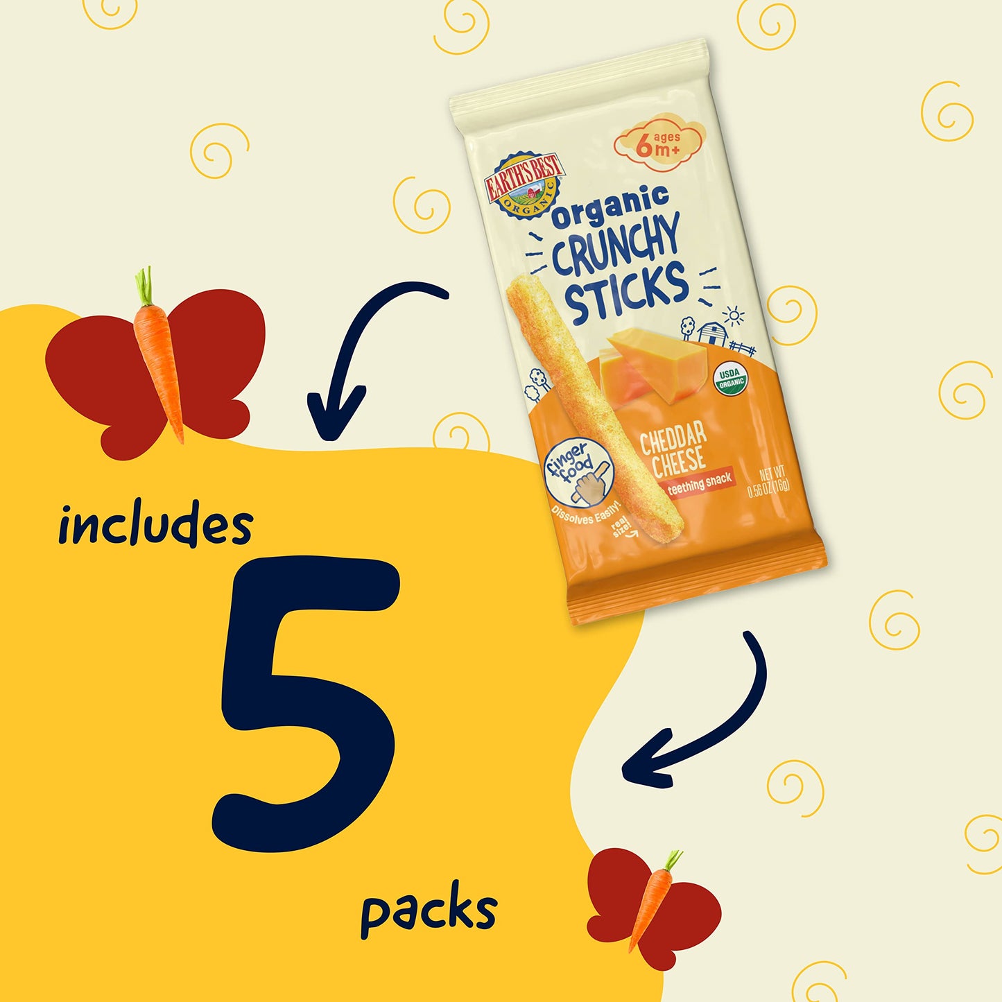 Earth'S Best Organic Baby Food, Dissolvable Teething Snack For Babies 6 Months And Older, Cheddar Cheese Crunchy Sticks, .56 Oz