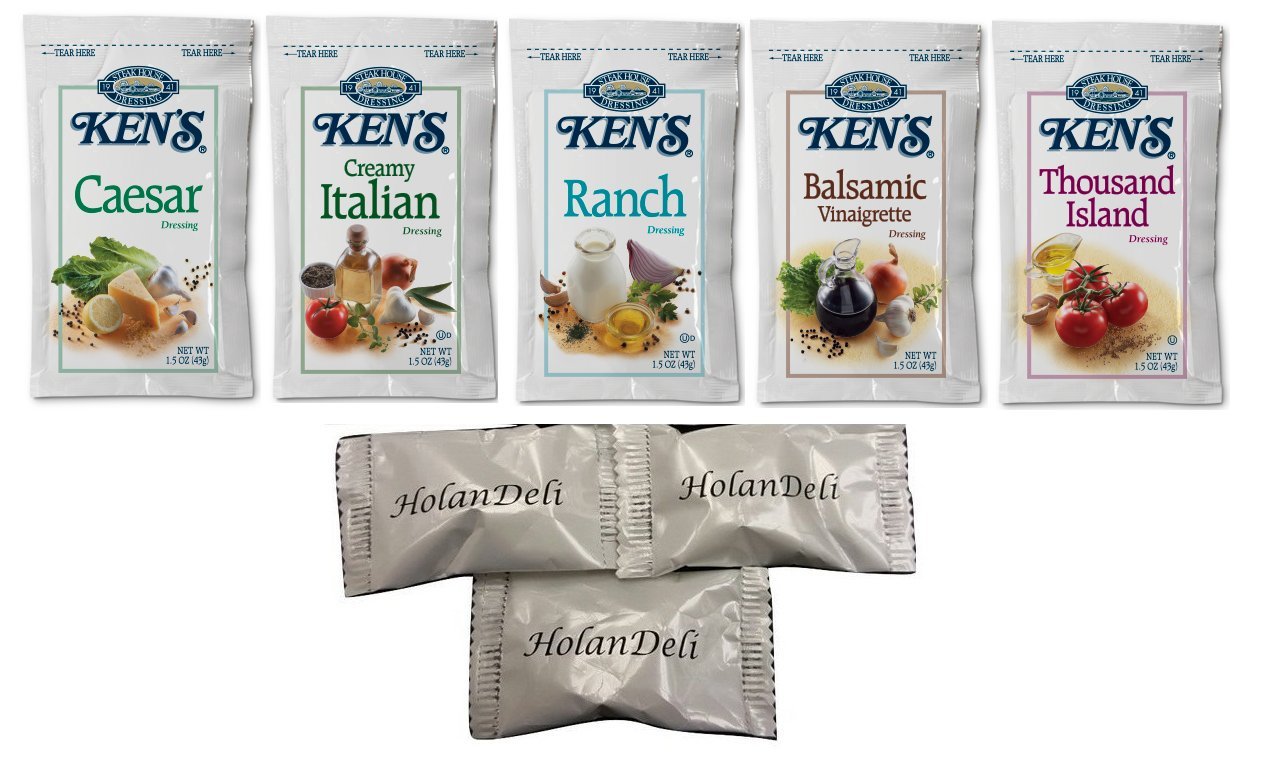 (25 Packets) Kens Steak House Assorted Salad Dressing 5 Flavors 1.5 oz Packets. (Caesar, Ranch, Creamy Italian, Balsamic Vinaig