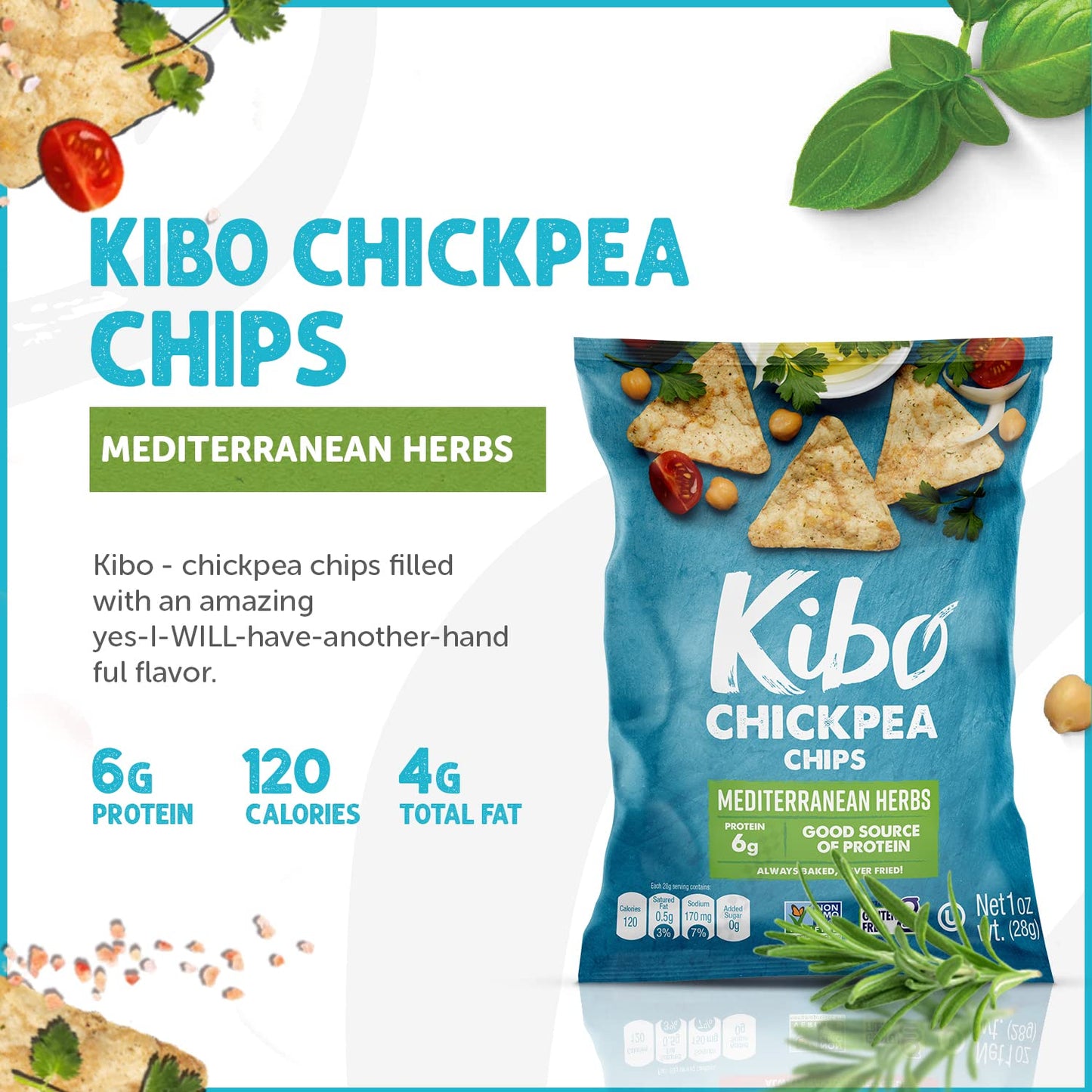 Kibo Chickpea Chips - Gluten Free And Plant-Based, Non-Gmo, Kosher + Vegan. Mediterranean Herbs, 1 Oz. 12 Pack