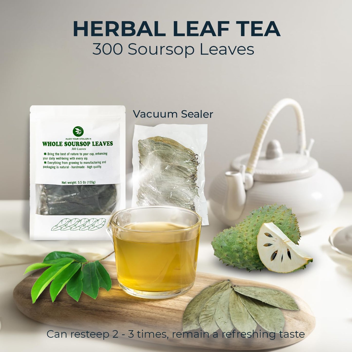INJOY YOUR VITALGRI:N Soursop Graviola Leaf Tea - 350 Dried Leaves, Herbal Detox, 5.5 oz, 100+ Cups