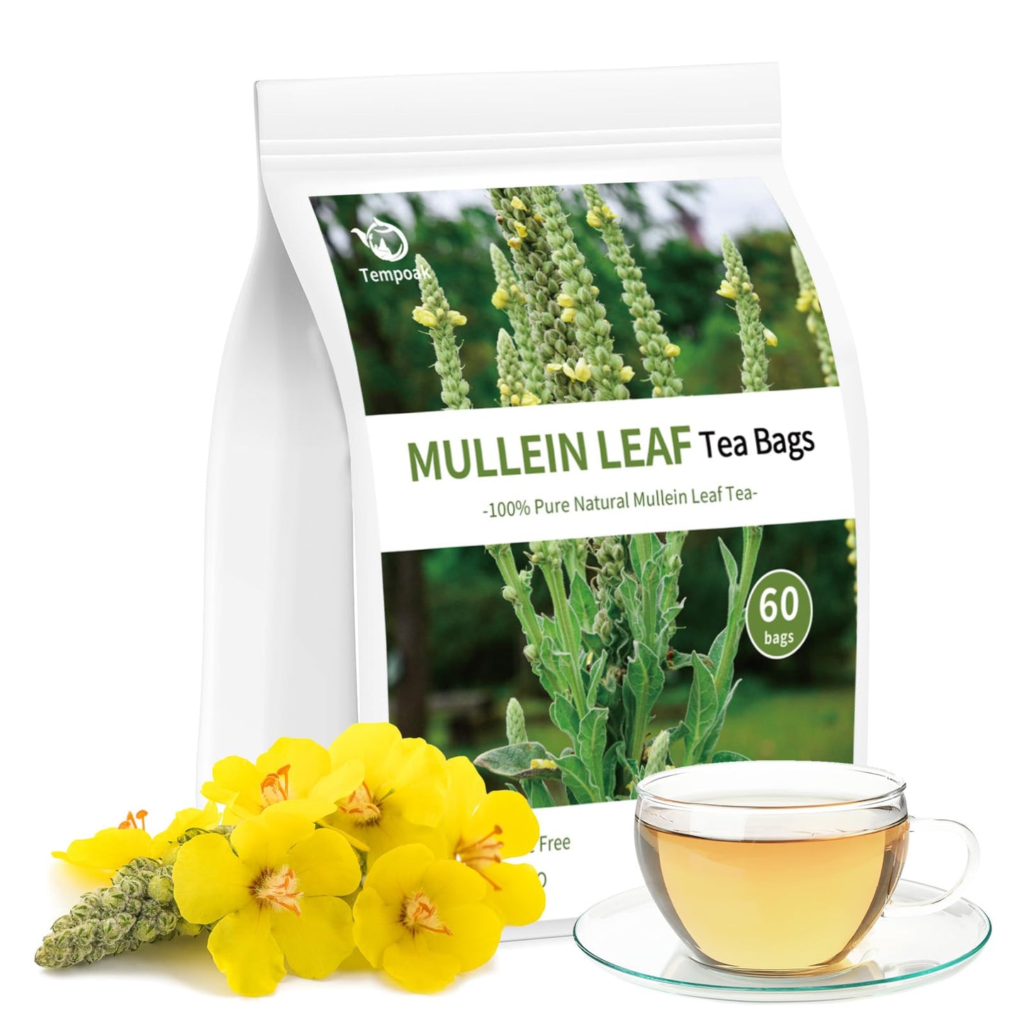 Tempoak 60 Mullein Leaf Tea Bags - 100% Pure, Caffeine Free, Non-GMO, No Additives, No Sugar