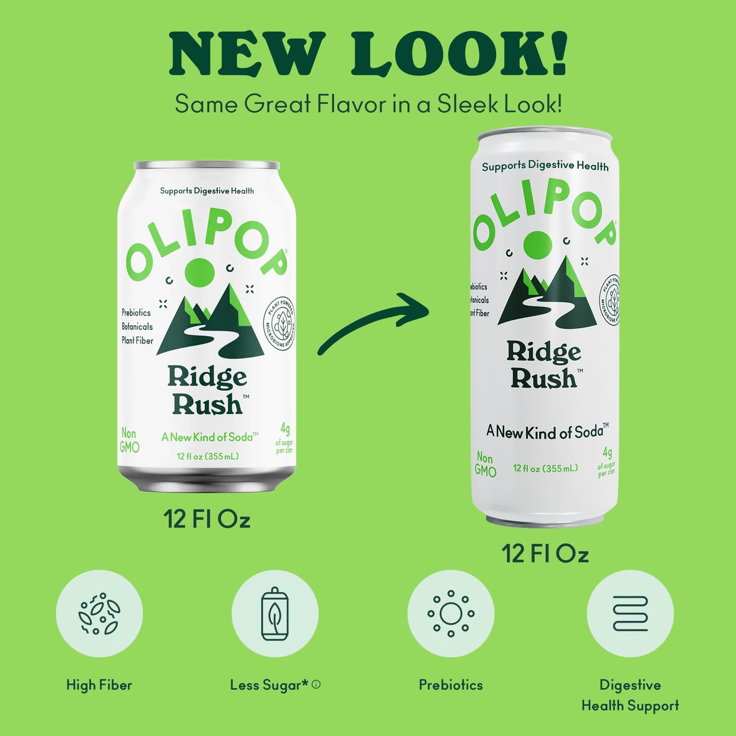 OLIPOP Sparkling Prebiotic Soda  Ridge Rush  Pantry Pack Packed with Prebiotics  Fiber  and Botanicals  Gluten Free  Vegan  GMO Free  12oz Skinny Can (12 Pack)