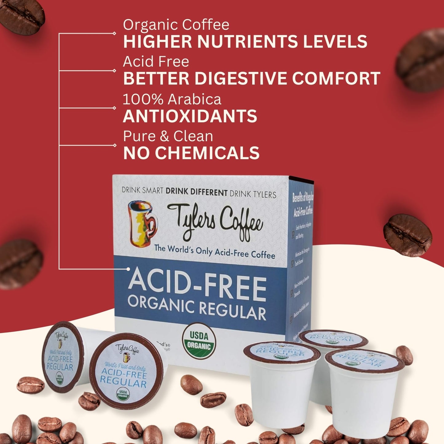 Tylers Coffee Acid-Free Regular Medium Roast Arabica K-Cups Coffee Pods - Natural, Organic Blend For Common Gi Issues And Gentle