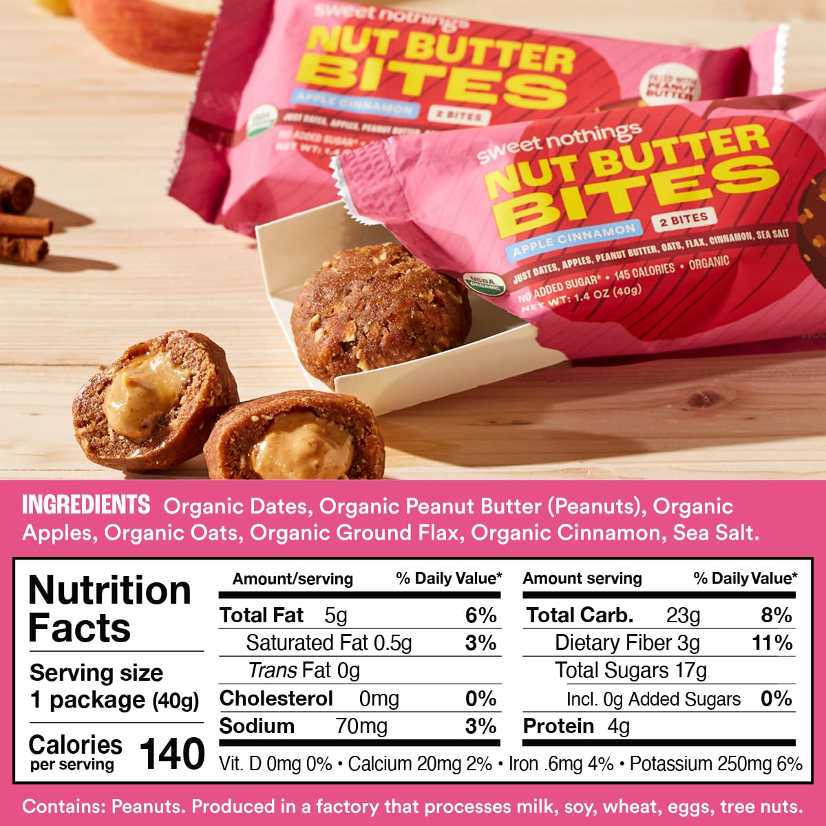 Sweet Nothings, Apple Cinnamon, Usda Organic Nut Butter Bites Protein Bar, Nut & Date Snack, Filled With Peanut Butter, 12-2 Bit