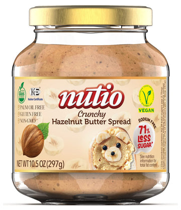 NUTIO Crunchy Hazelnut Butter Spread - 77% Hazelnut, Low Carb, Vegan - 10.5 oz Glass Jar