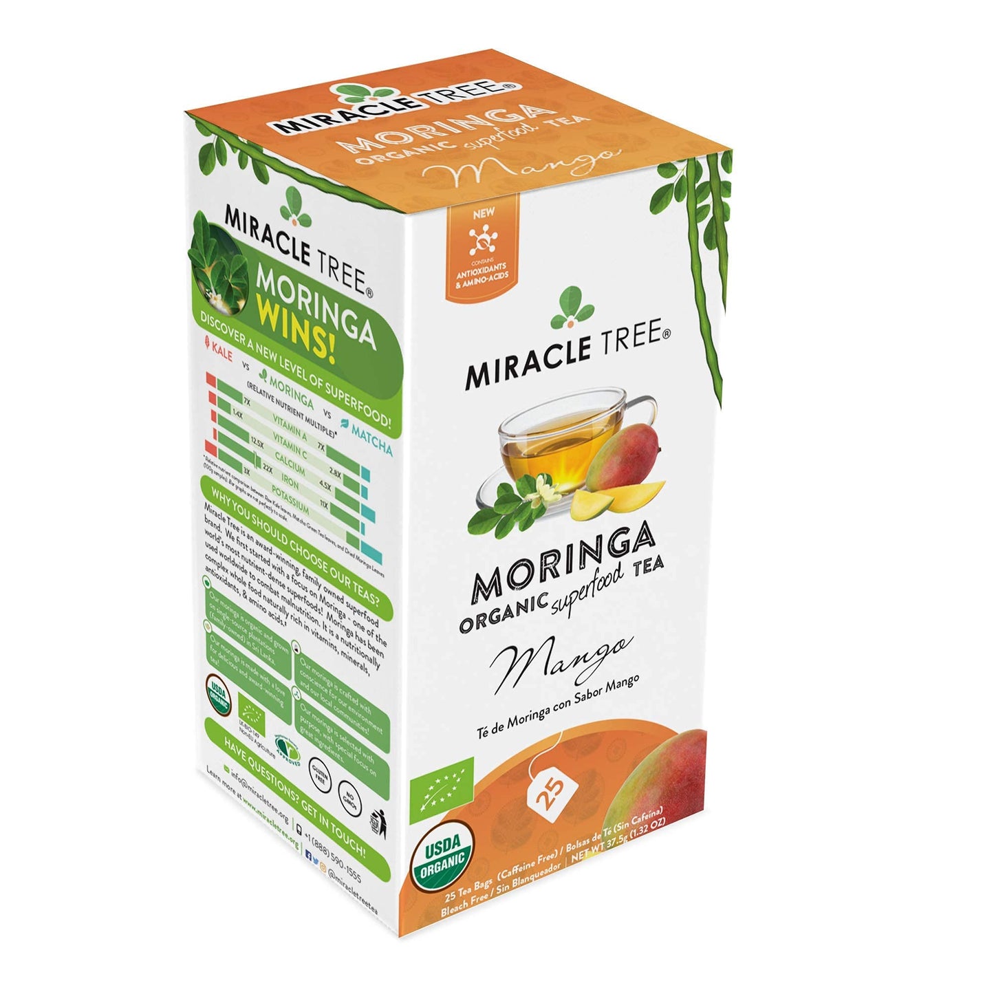 Tree Organic Moringa Superfood Tea, 25 Individually Sealed Bags, Mango Flavor, 6 Count Pack, Vegan, Gluten-Free, Caffeine-Free