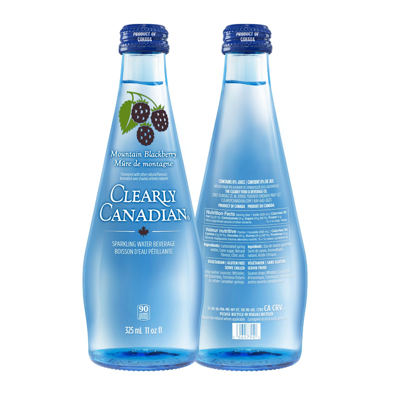 Clearly Canadian Sparkling Flavored Water, Mountain Blackberry, 11 oz Glass Bottles, Pack of 12