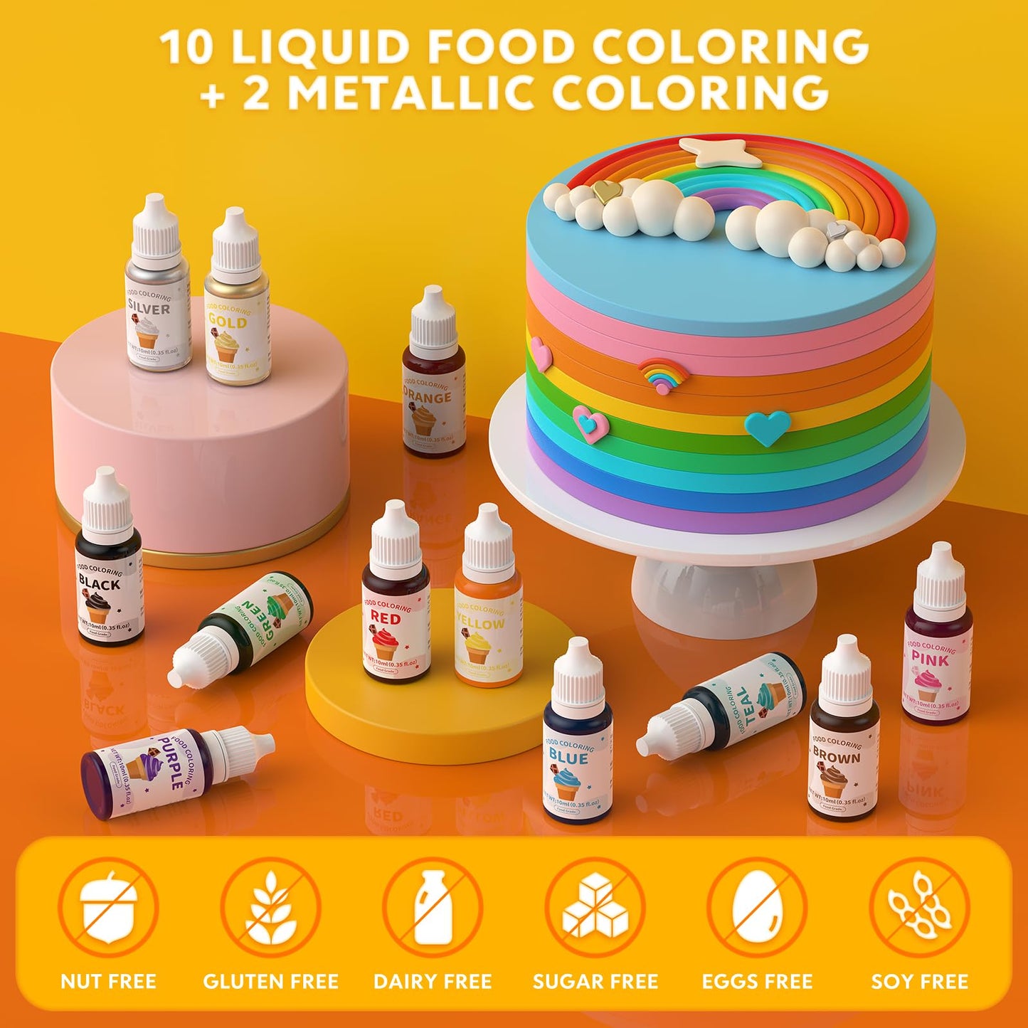 12 Food Coloring Set,10 Colors Vibrant Food Dye & 2 Edible Metallic Gold Paint Food Grade Tasteless Liquid Baking Food Coloring