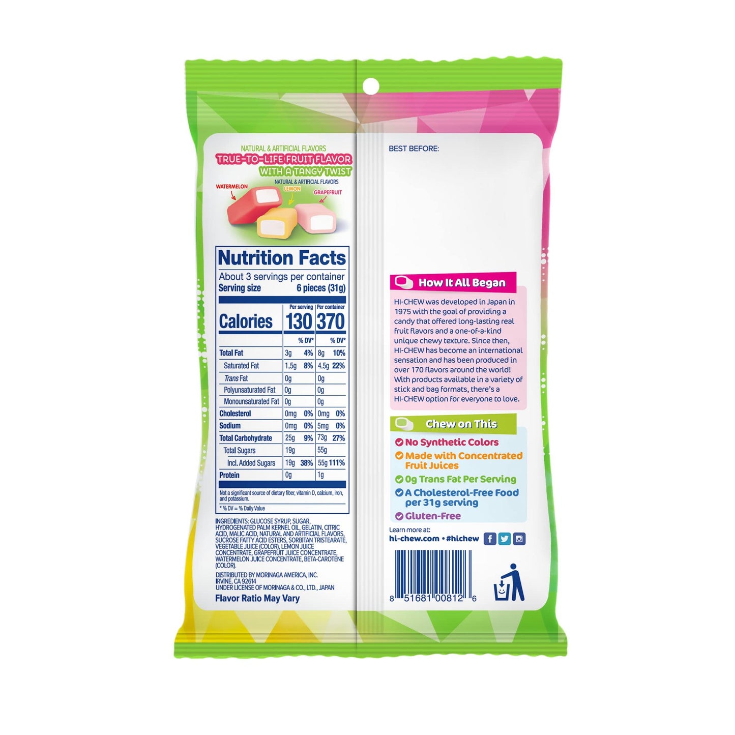 HI-CHEW Sweet & Sour Mix, Pack of 6 Bags, 3.17oz each - Watermelon Lemon Grapefruit | Unique Fun Soft & Chewy Candy, Immensely J