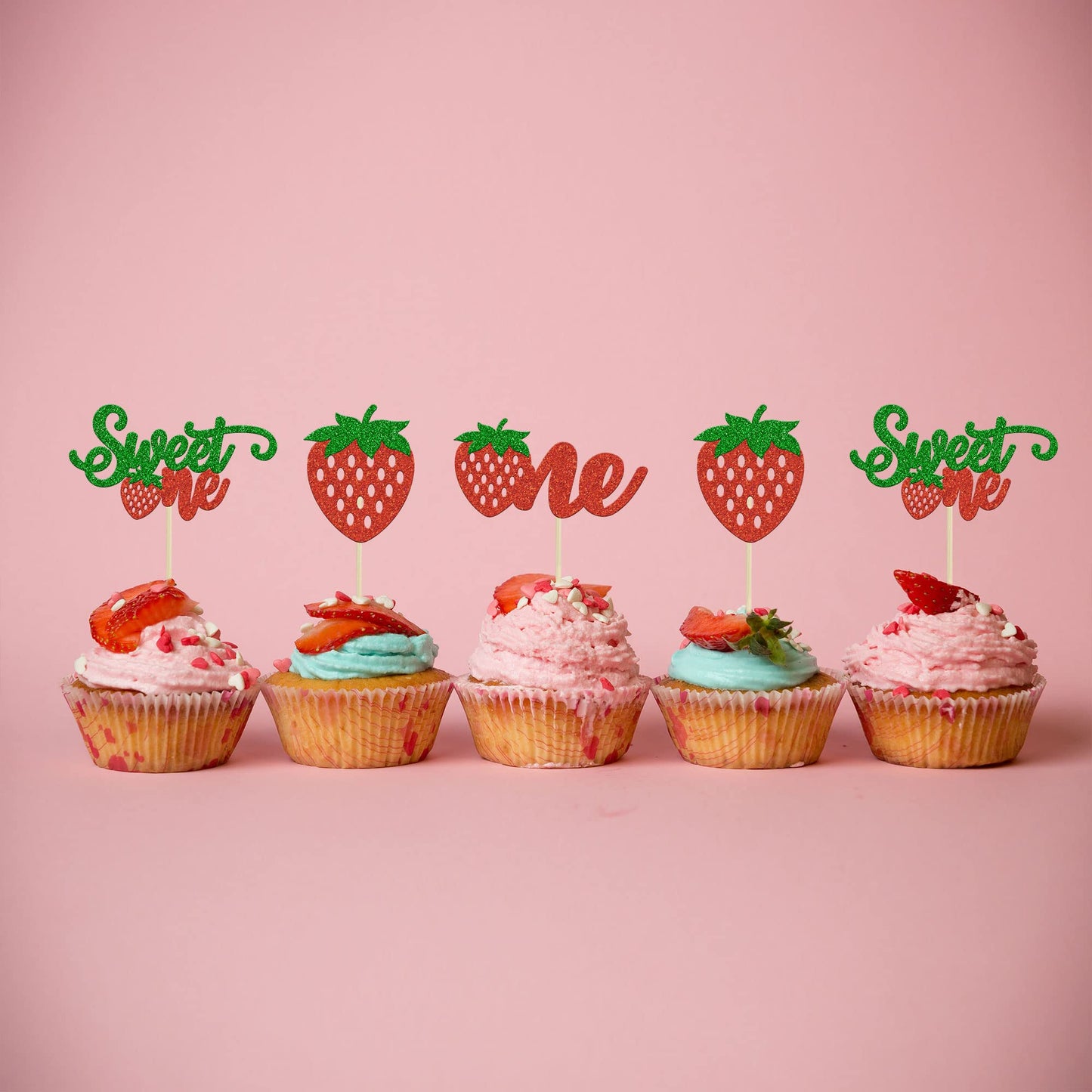 Gyufise 24Pcs Strawberry One Cupcake Toppers Glitter Sweet One First Birthday Cupcake Picks For Fruit Theme Baby Shower Kids 1St