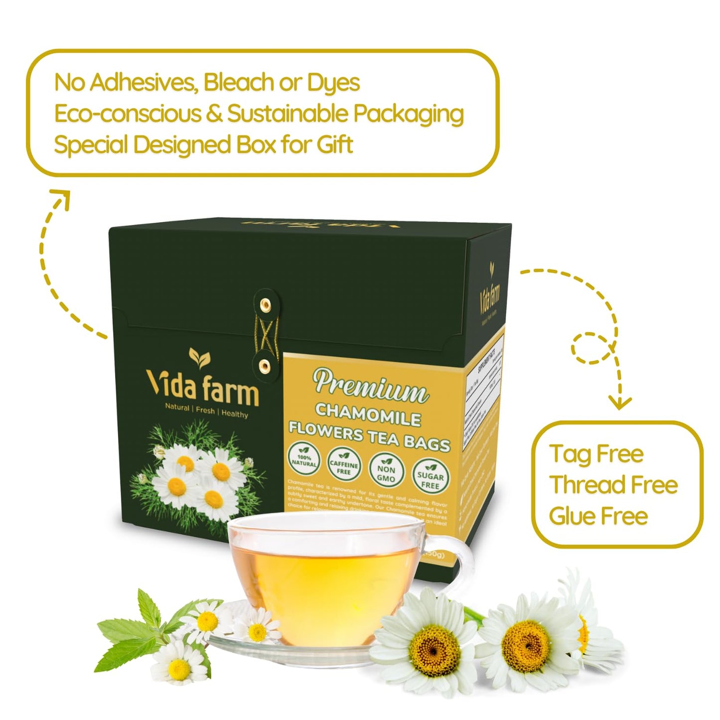 VIDA FARM Chamomile Tea Bags, Dried Herbal Flowers, Caffeine Free, Gluten Free, 100 Count