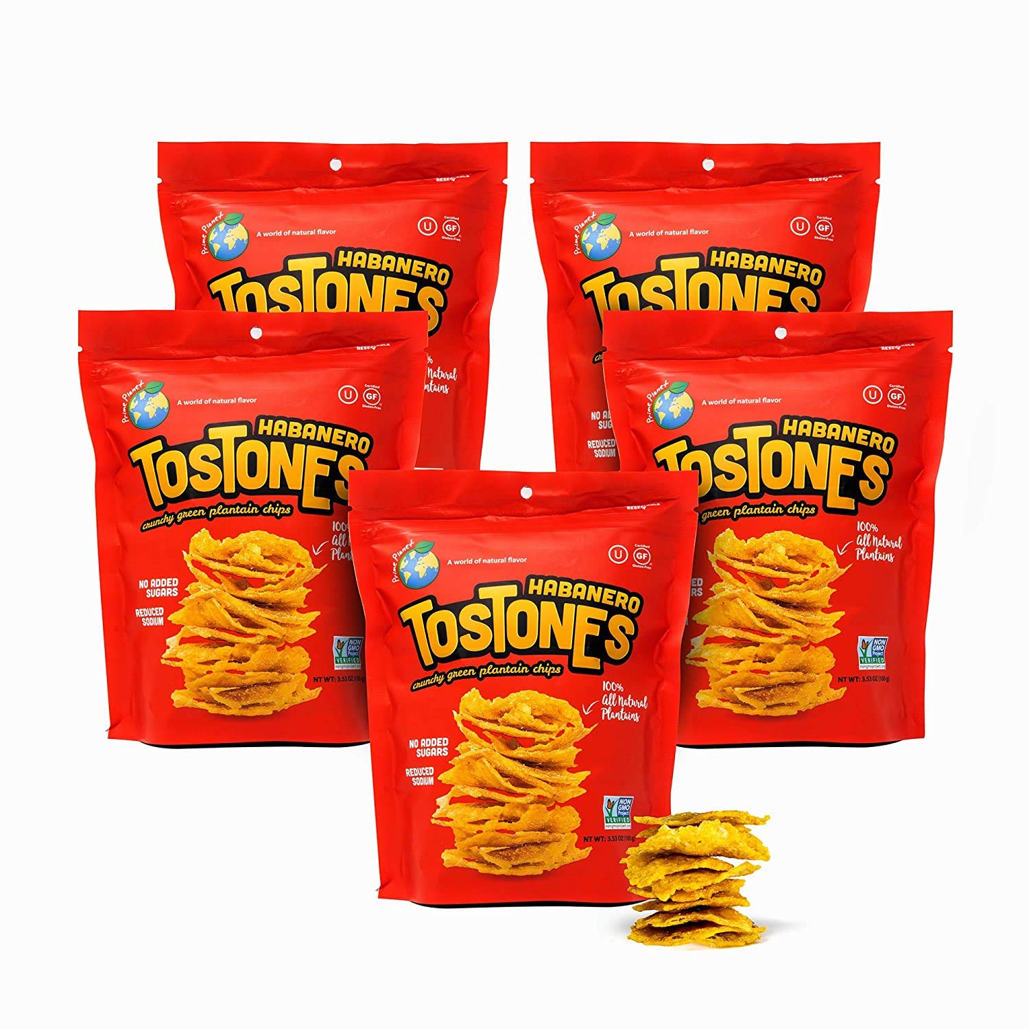 Tostones  Green Plantains  Re-Sealable Bag  Crunchy Chips  Plantains  Palm Oil And Salt  3.53 Oz Per Unit  3.53 Oz Per Unit  Habanero Flavored  5 Pack 