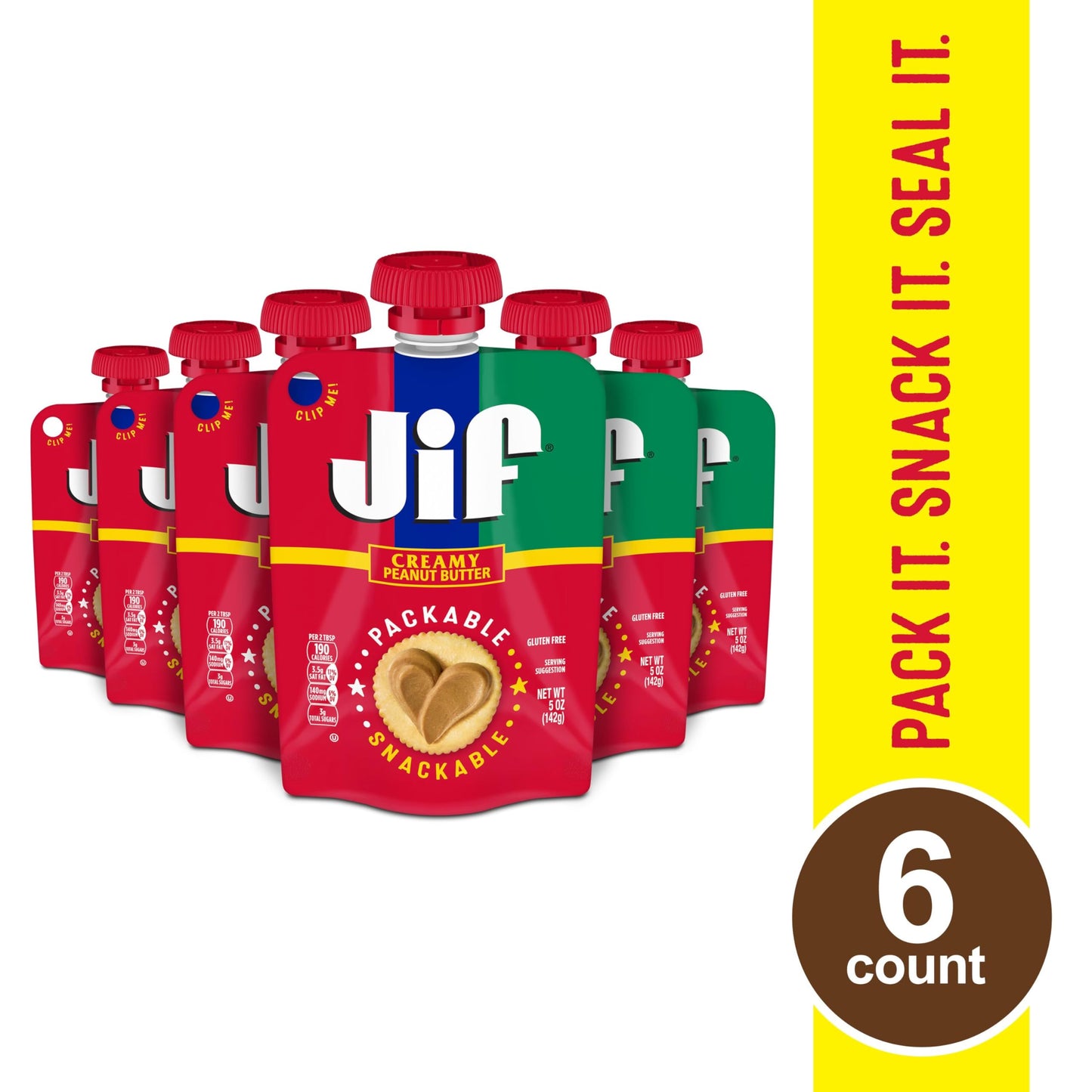 Jif Squeeze Creamy Peanut Butter, Resealable Pouches, 5 Ounces (Pack Of 24)