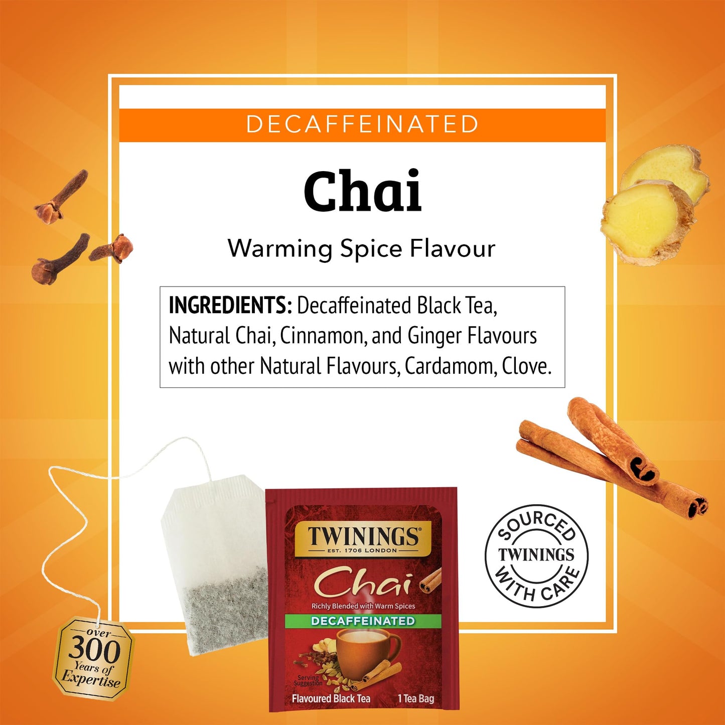Twinings Decaffeinated Chai Individually Wrapped Bags, 20 Count (Pack of 6), Sweet, Savoury Spices, Enjoy Hot or Iced, 120 Teaba