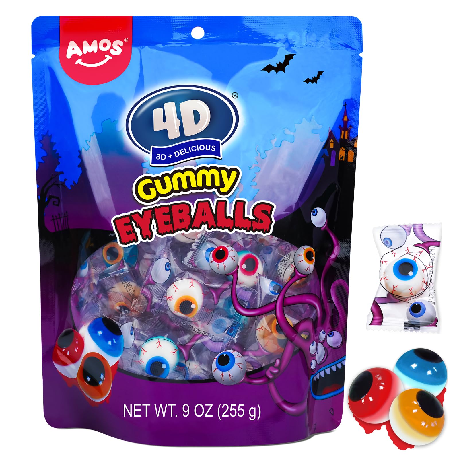 Amos Eyeball Gummy Candy - Halloween Gummy Eye Candy  for Kids & Parties  3D Gummy Eyeballs  Individually Wrapped  40 Count  9oz Bag