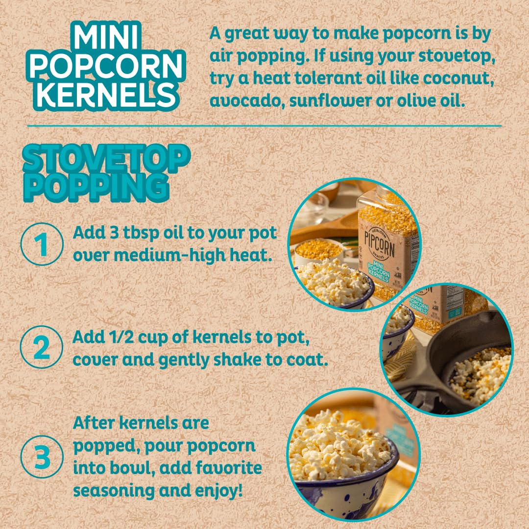 Heirloom Mini Popcorn Kernels By Pipcorn - 44 Oz Jar, Unpopped Popcorn, Healthy, Non-Gmo, Vegan, Gluten Free Snacks