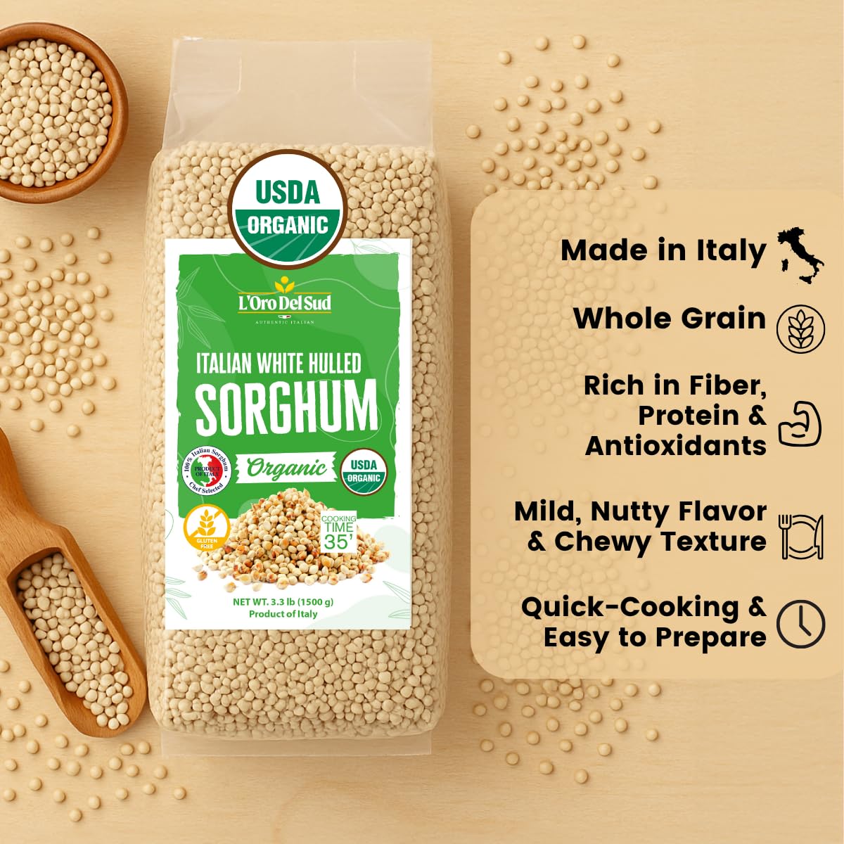 LOro Del Sud Organic Italian White Hulled Sorghum, Gluten-Free Ancient Cereal, 52.9 oz (1.5 kg), High Fiber Superfood