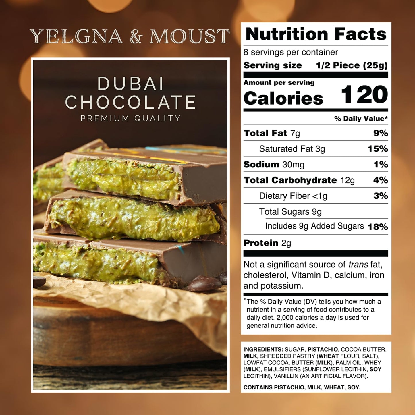 Yelgna & Moust Dubai Chocolate Bar Pistachio, Pack of 3, 21.15 oz, Chocolate