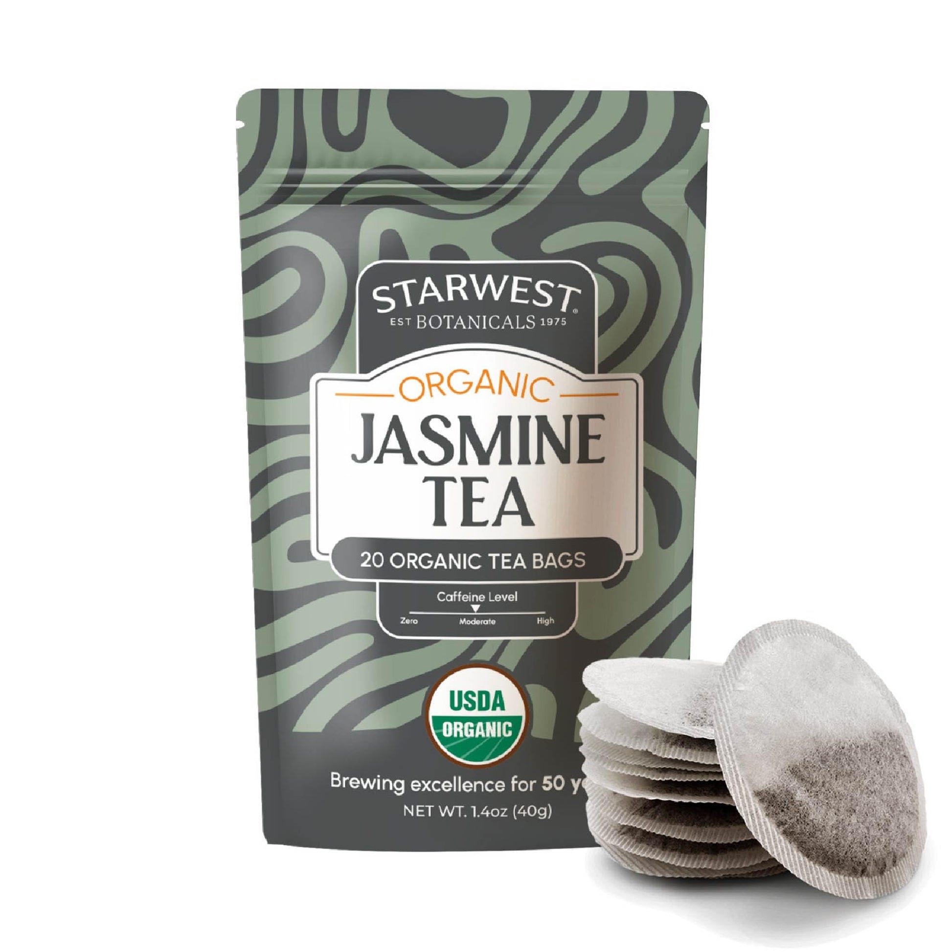 Starwest Botanicals Organic Jasmine Tea - Caffeinated Herbal Blend  Green Tea Scented With Natural Jasmine Flowers  Fragrant & Uplifting  Enjoy Hot Or Iced  Usda Organic  Non Gmo - 20 Tea Bags