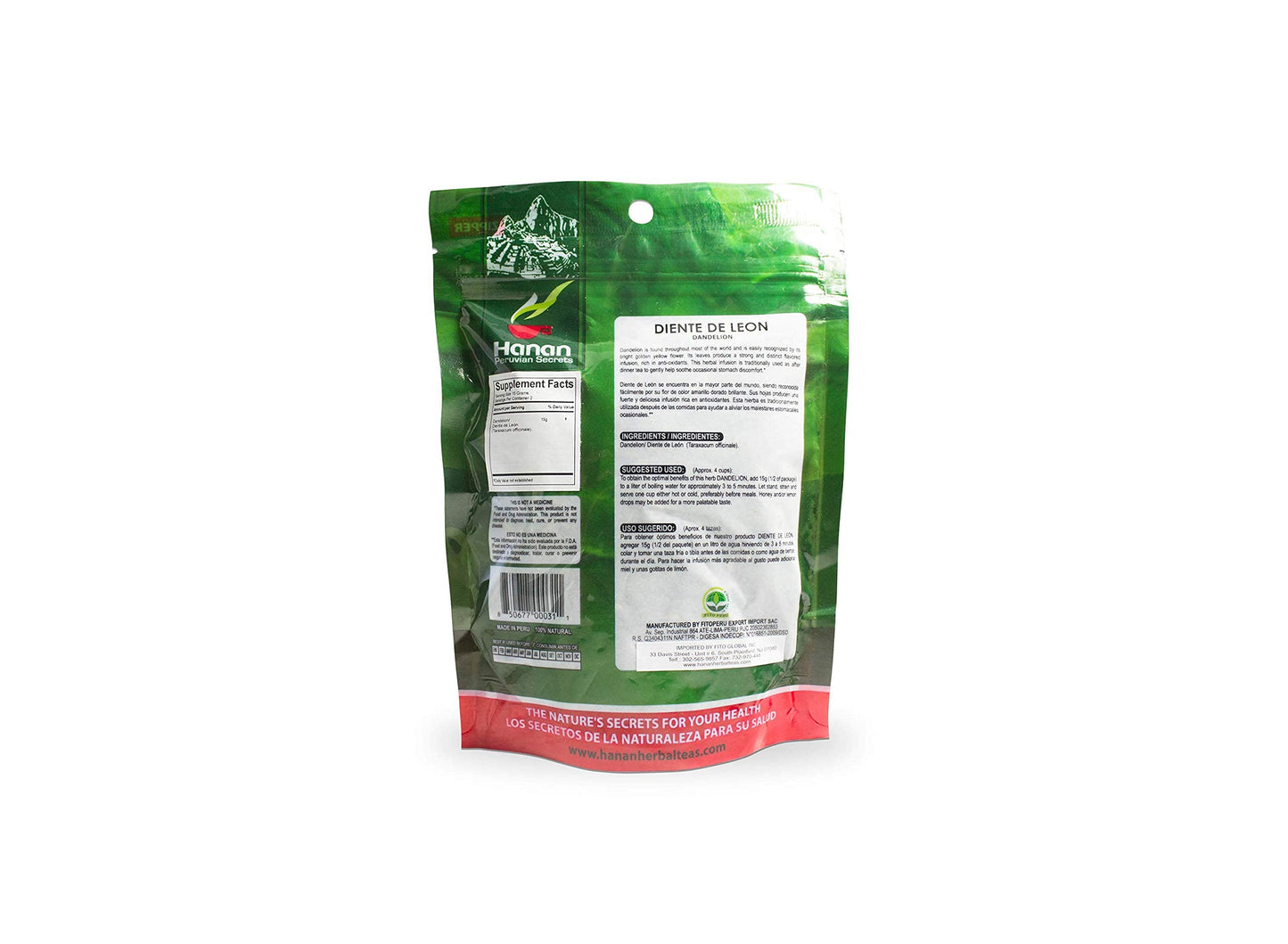 Hanan Peruvian Secrets Diente De Leon Herbal Tea | 100% Natural Dandelion Leaves | 1.06Oz / 30G | Naturally Supports Healthy Dig