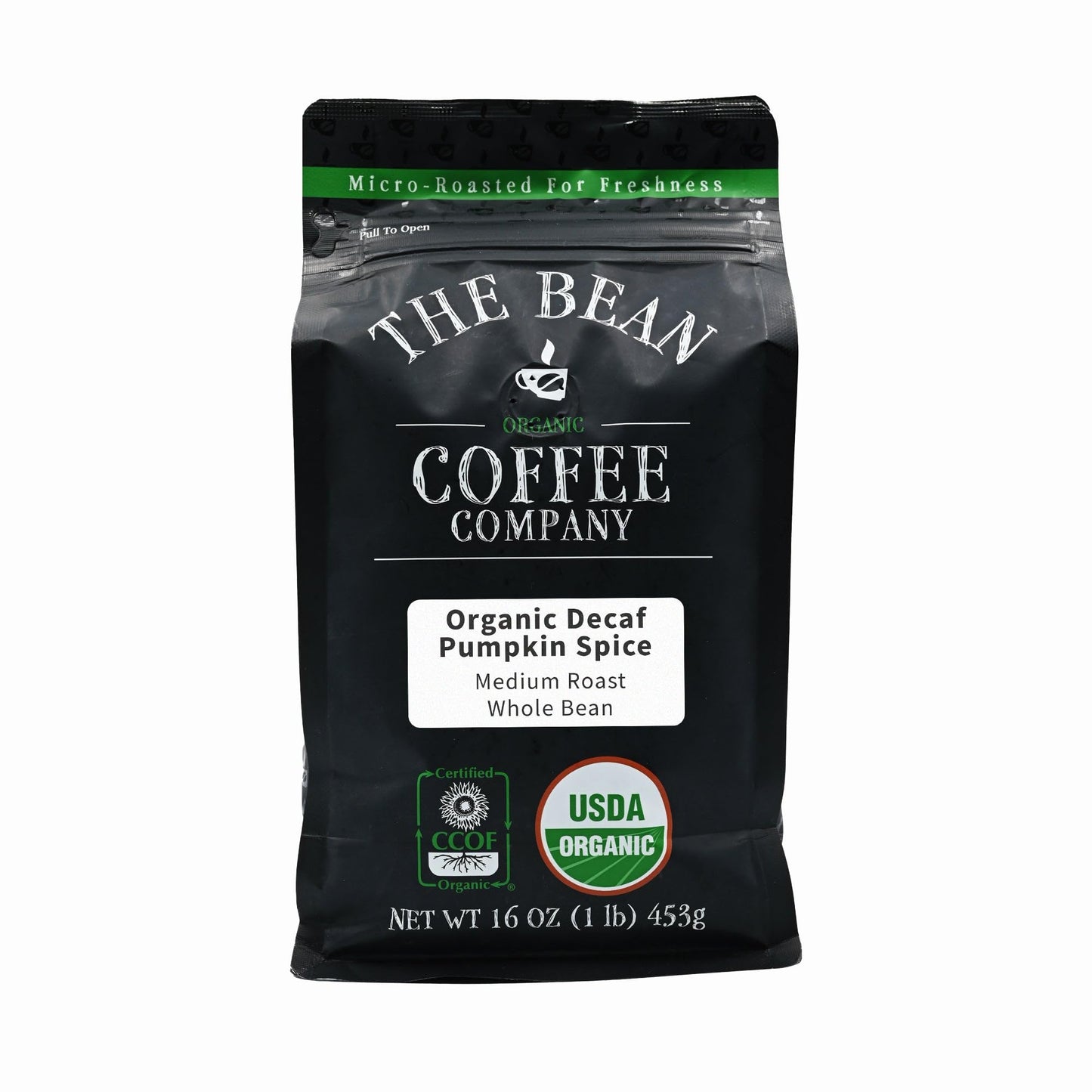 The Bean Organic Coffee Company Water Processed Decaf Pumpkin Spice, Medium Roast, Whole Bean Coffee, 16-Ounce Bag