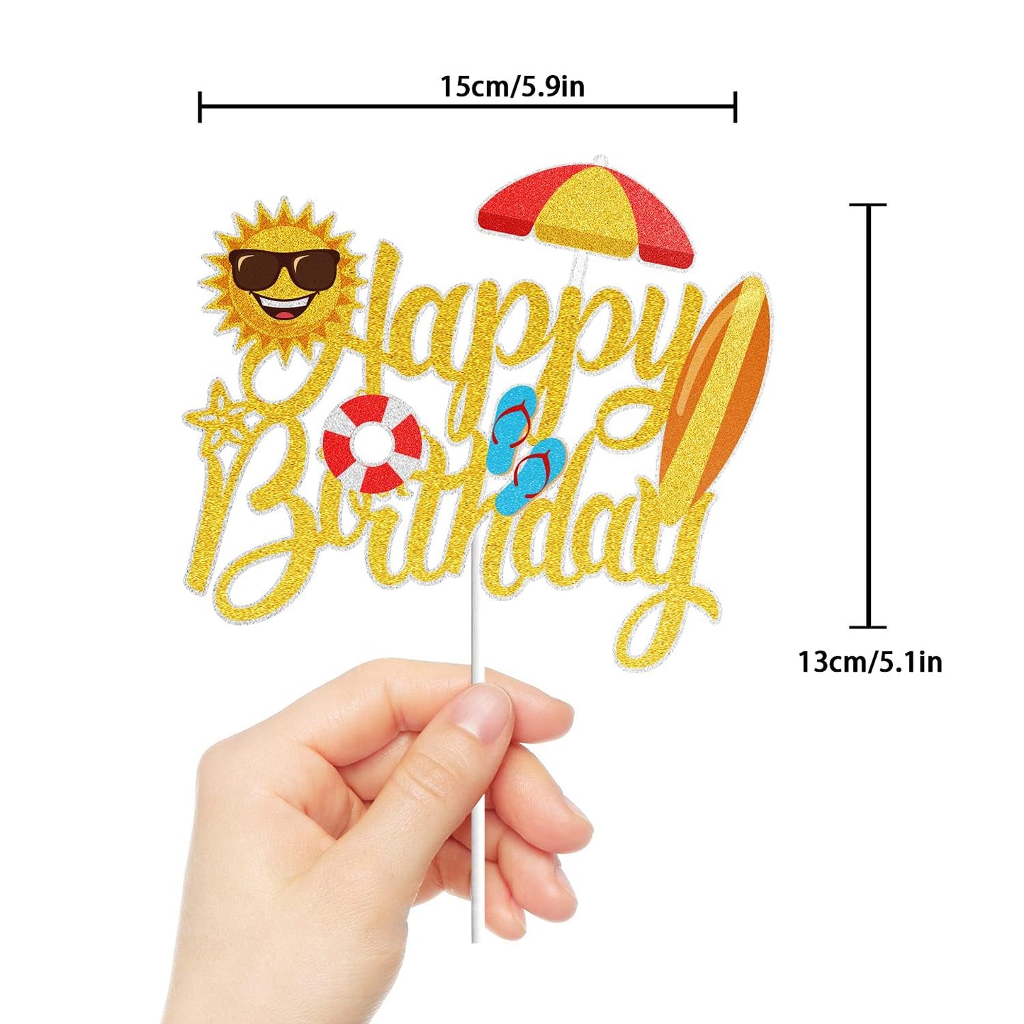 Summer Beach Happy Birthday Cake Topper Gold Glitter Summer Pool Swimming Surfing Party Decoration Summer Holiday Birthday Party