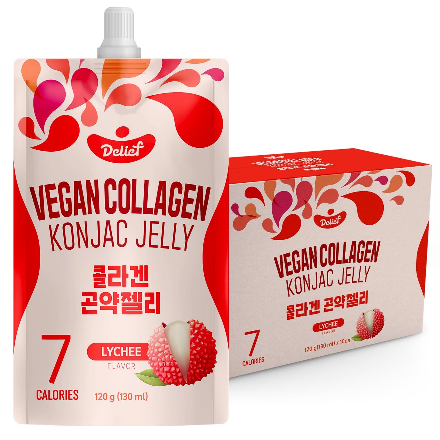 DELIEF Vegan Collagen Konjac Jelly (Lychee Flavor) 120g x 10 Packs - Low-Calorie Fruit Gel Snack, Gluten-Free, Plant-Based, 7 kc