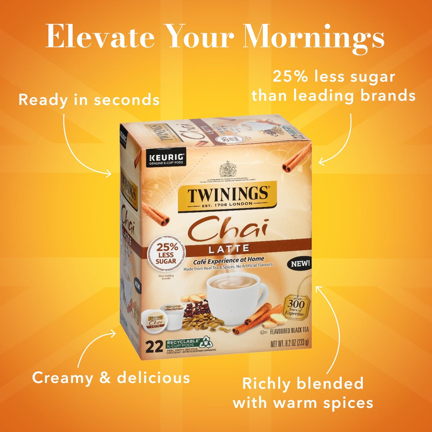Twinings Chai Latte Black Tea K-Cup Pods for Keurig, 22 Count (Pack of 1), Creamy, Slightly Sweet, Less Sugar, Caffeinated, Enjo