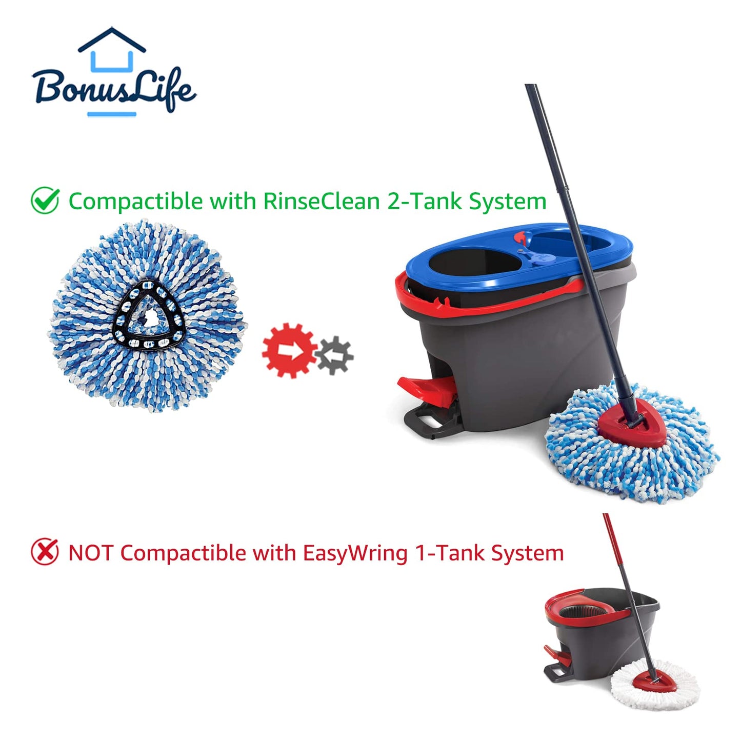 Bonuslife 8-Pack Mop Head For O-Ceda Rinseclean Spin Mop Refill 2-Tank System Only Easy Cleaning Microfiber Replacement