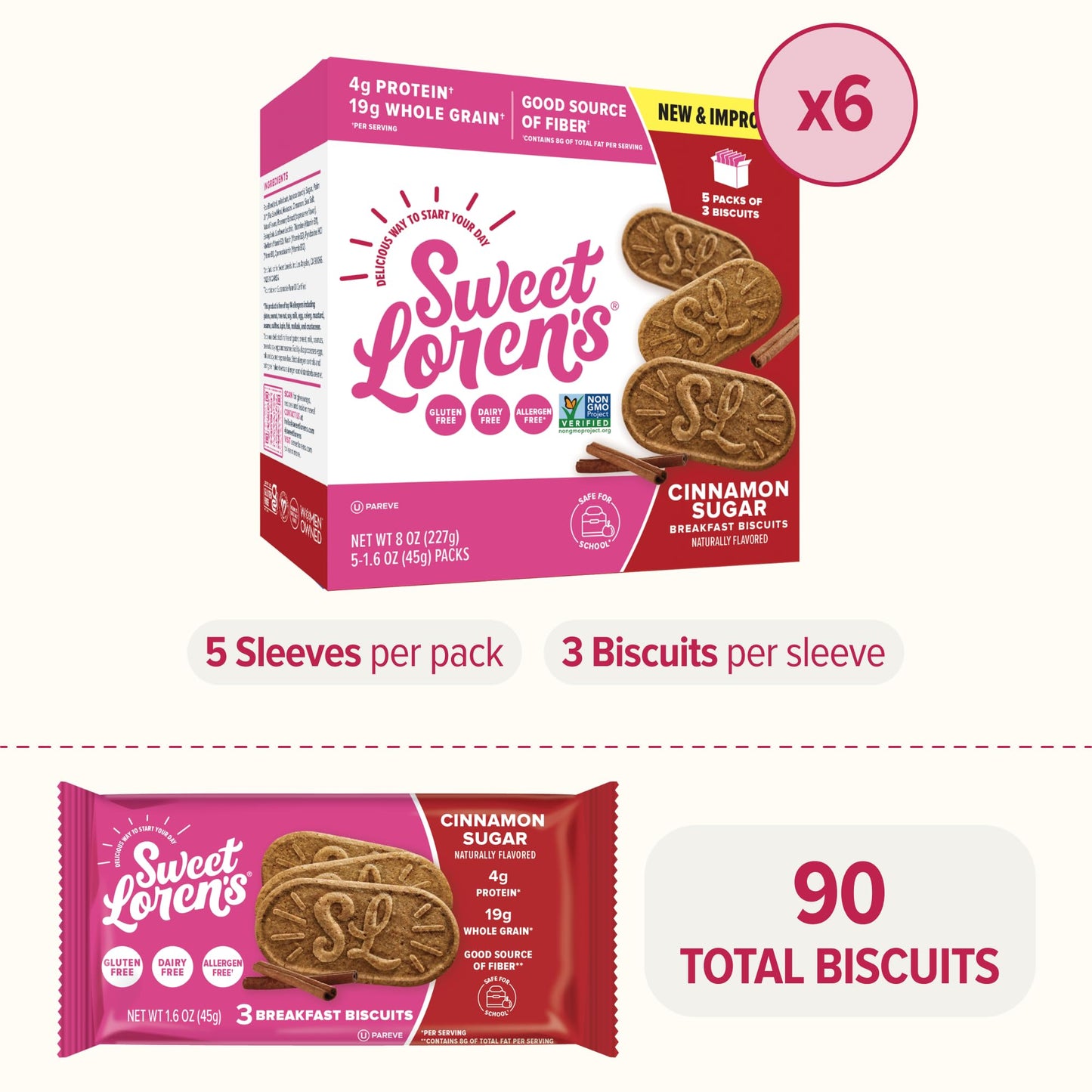 Sweet Loren s Vegan Breakfast Biscuits | Cinnamon Sugar | 4g Protein, 19g Whole Grains | Plant Based, Gluten Free, Dairy Free,