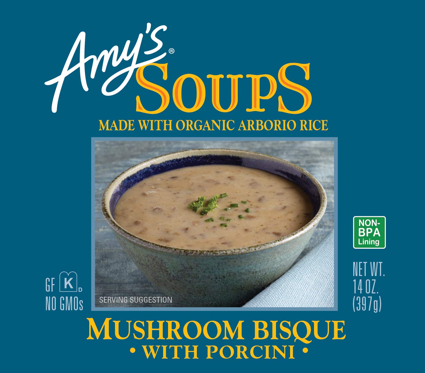 Amys Soup Mushroom Bisque with Porcini, Gluten Free, 14 oz, Pack of 1