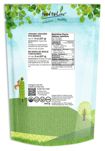 Food To Live Organic Cracked Rye Berries, 8 Ounces - Non-Gmo. Crushed & Sifted Groats. Raw, Vegan, Kosher, Bulk. Broken Whole Gr