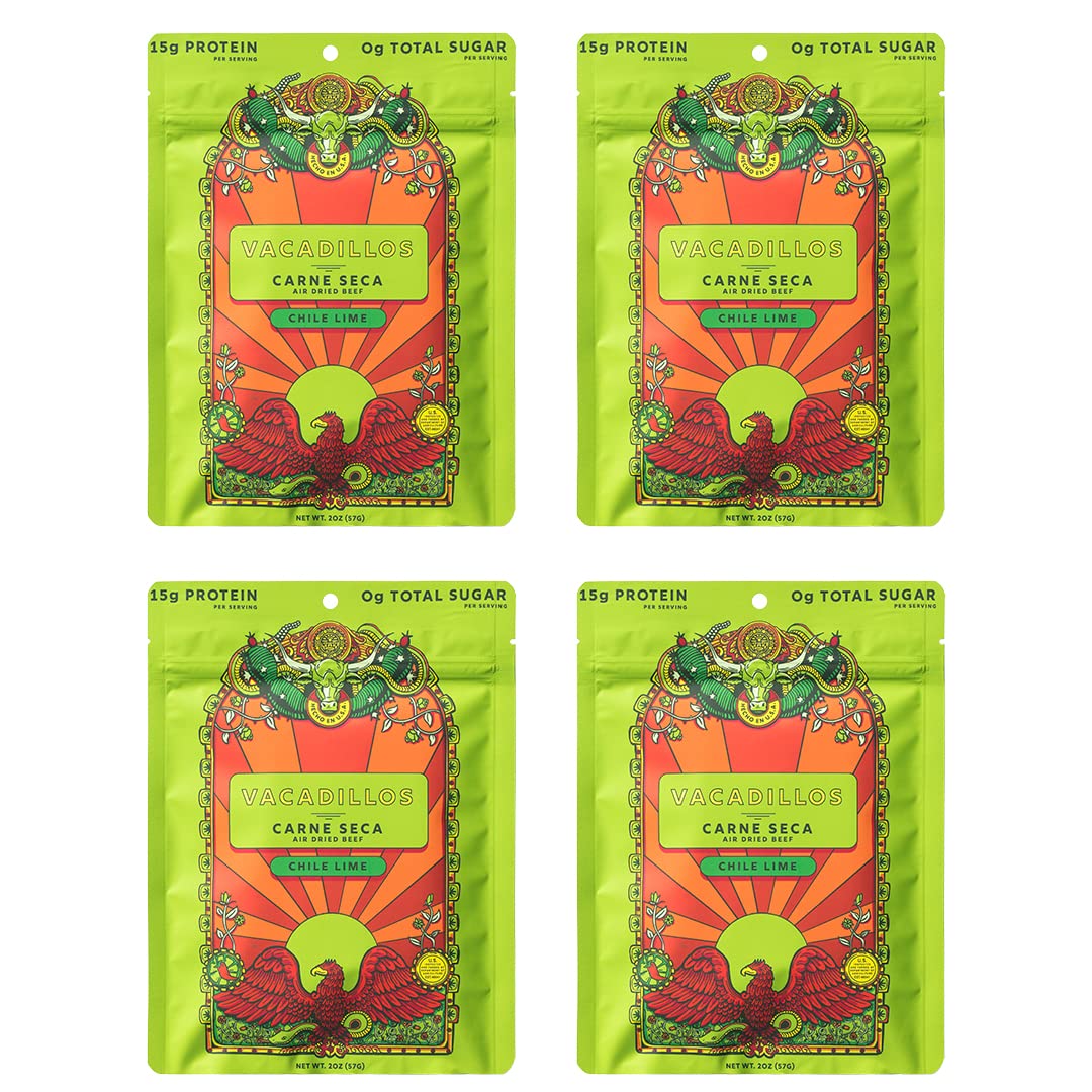 Vacadillos Beef Jerky Snack Packs Carne Seca, Chile Lime 4-Pack