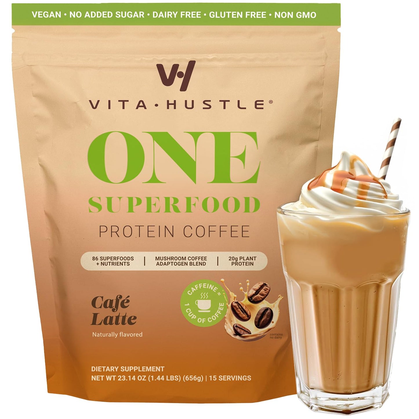 VitaHustle ONE Protein Coffee - Superfood Meal Replacement Powder  Plant Based Protein Shake Powder  Vegan. Superfoods  Vitamins  Ashwagandha  Functional Mushroom Blend (Cafe Latte) 15 Servings
