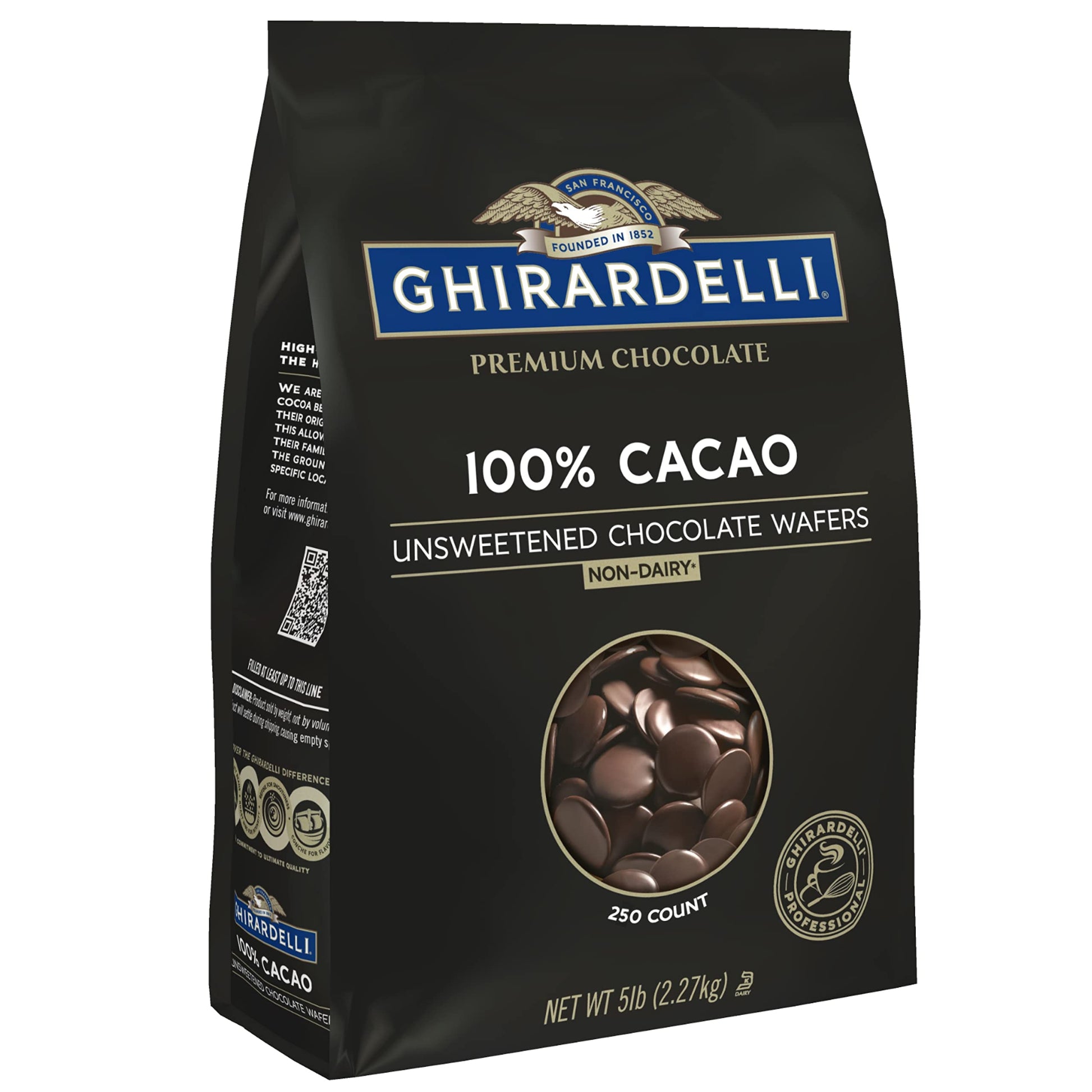 Ghirardelli Chocolate 100% Cacao Unsweetened Wafers, 5lb Bag, Ideal for Baking and Cooking
