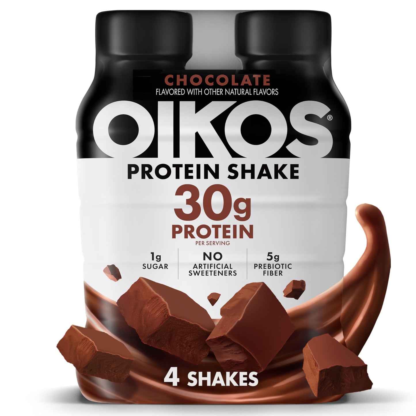 Oikos Protein Shake  Chocolate  30g High Protein Drinks  Shelf Stable  Ready to Drink  5g Prebiotic Fiber  12 fl oz Bottle  4 Count