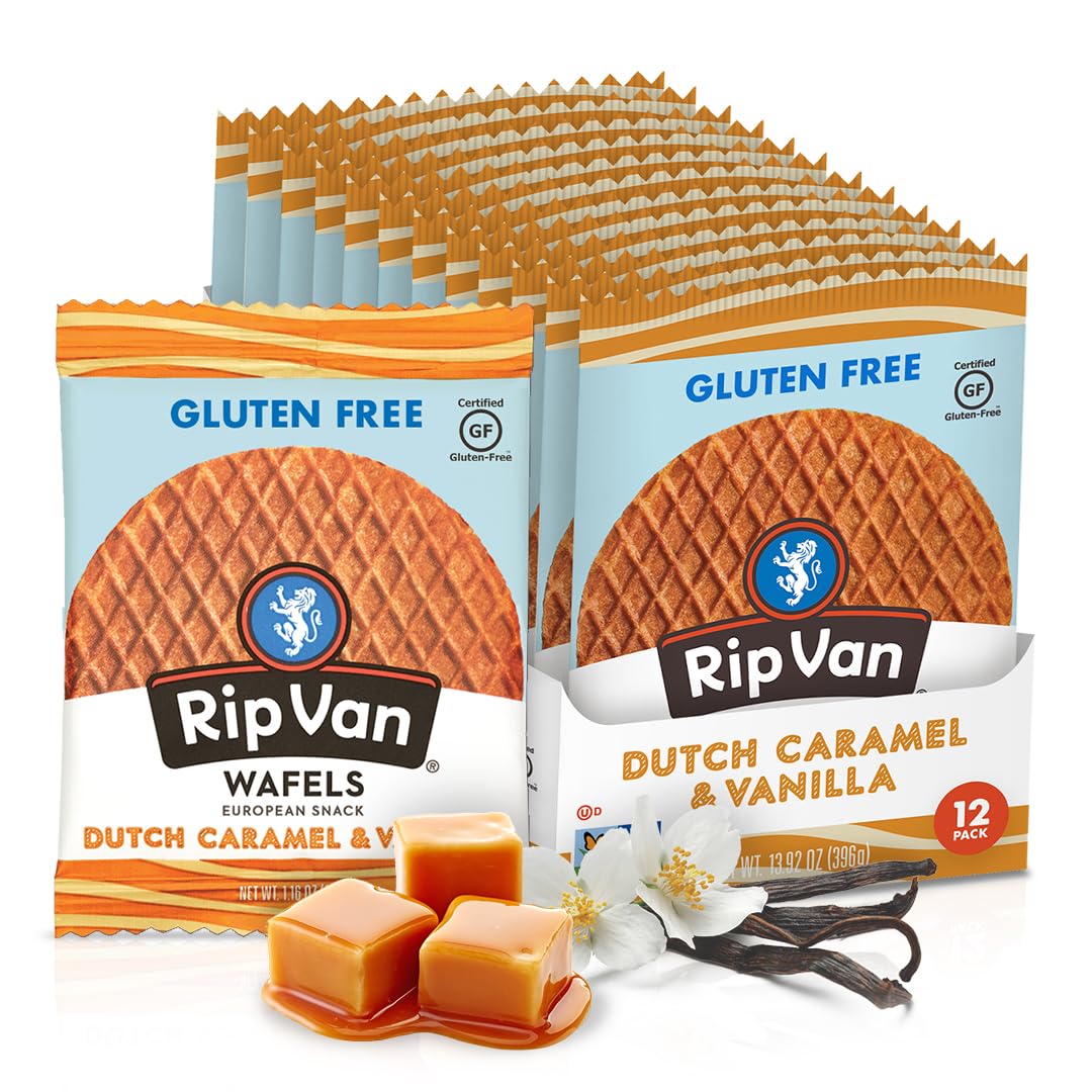 Rip Van Wafels Gluten-Free Stroopwafel - Dutch Caramel & Vanilla Stroopwafels Healthy Snacks Non-GMO Low Sugar (6g) Calorie, 12 