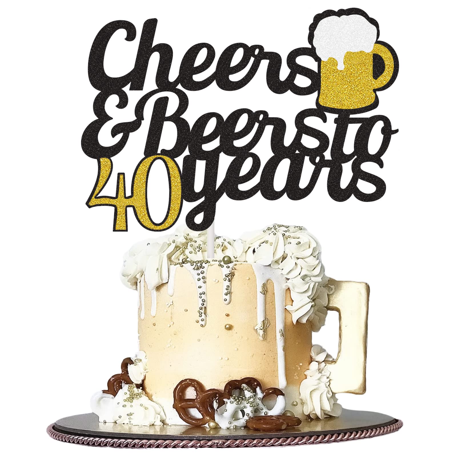 Joymee Cheers to 40 Years Cake Topper, Black and Gold Glitter, Double-Sided Birthday Party Decorations
